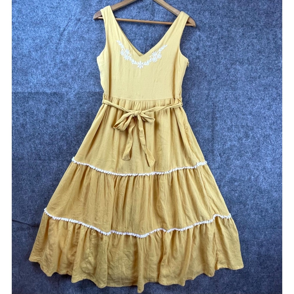 Joie Dress 2 Mustard Yellow Embroidered Belted Tiered Ruffle Cottage Peasant